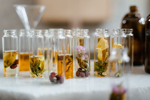 Collection of glass bottles with dried flowers and liquid, ideal for aromatherapy